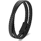 BIYONGDE Two-lap Black Braided Leather Bangle Bracelet, Black Stainless Steel Clasp Box, Mens Cool Unique