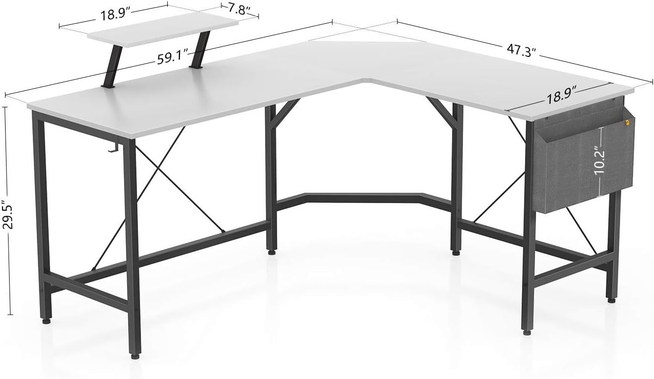 Cubiker Modern L-Shaped Computer Office Desk, Corner Gaming Desk with Monitor Stand, Home Study Writing Table Workstation for Small Spaces, White: Kitchen & Dining