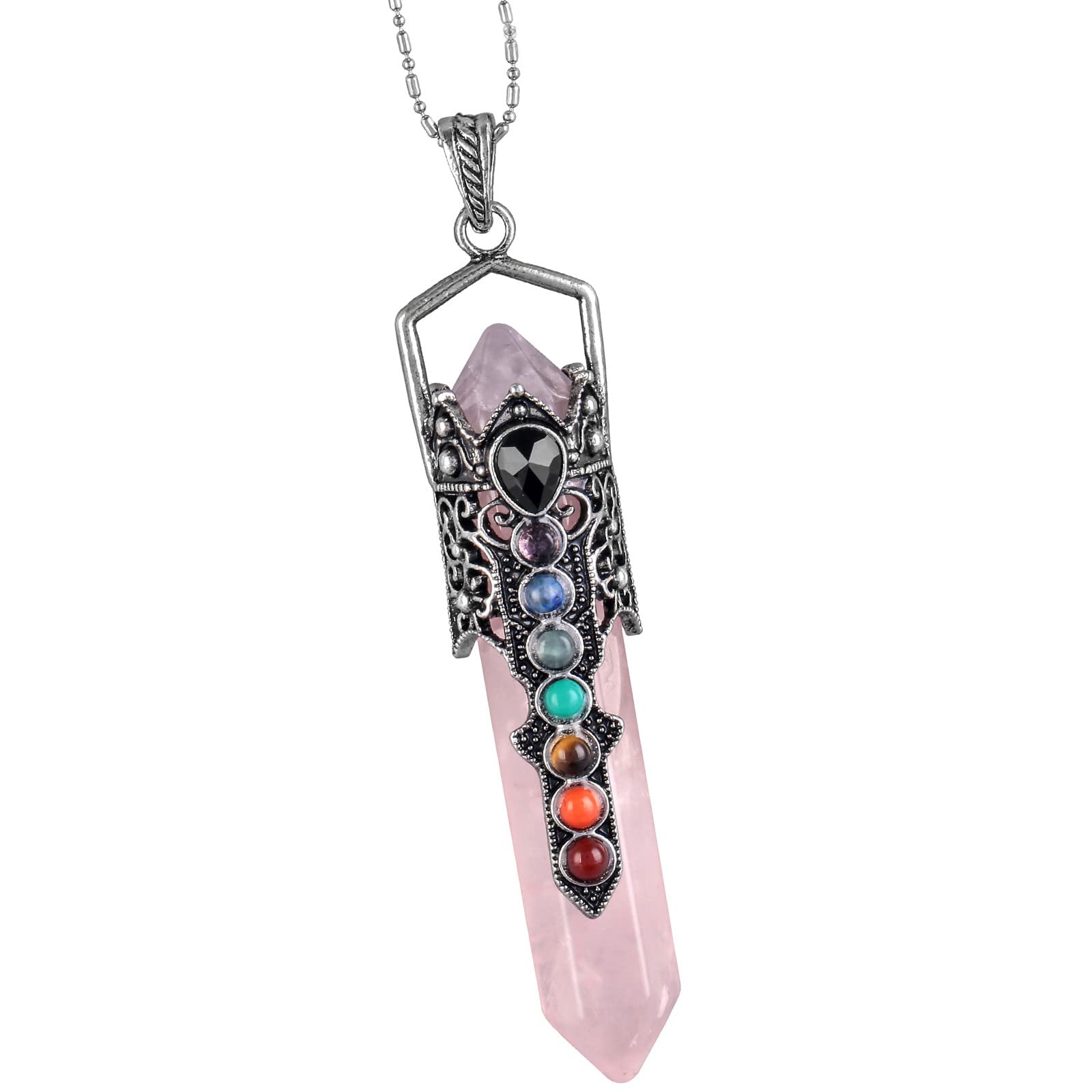 Nupuyai Vintage 7 Chakra Rose Quartz Crystal Point Pendant Necklace for Men Women, Hexagonal Pendulum Reiki Healing Stone Pendant with Chain