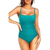 Hilor Women's One Piece Swimsuit Shirred Tummy Control Swimwear Vintage Flat U Neck Bathing Suits Monokini