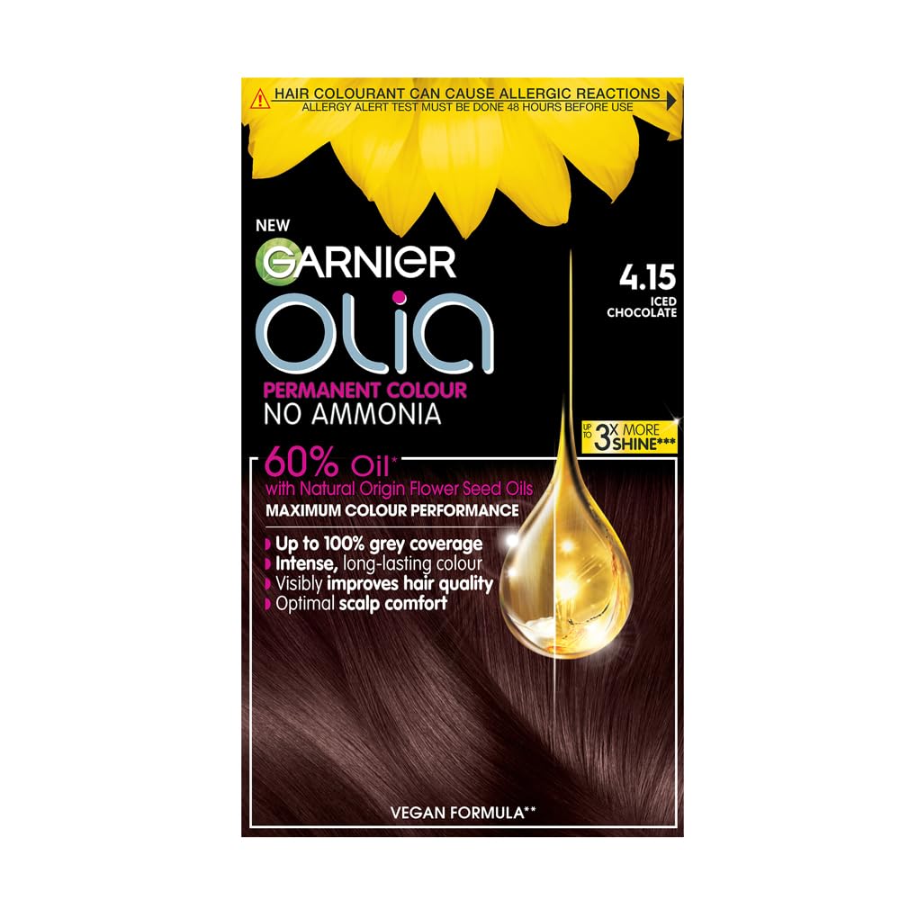 Garnier Olia 4.15 Iced Chocolate Brown Permanent Hair Dye, Up to 100% Grey Hair Coverage, Visibly Improved Hair Quality, 3X More Shine, No Ammonia & 60% Oil Powered Formula