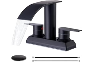 UFAUCET Black Waterfall Bathroom Faucet, 4 Inch 2 or 3 Holes Centerset Two Handles Matte Black Stainless Steel Bathroom Sink Faucet, Basin Lavatory Mixer Tap for Vanity Sink with Pop-up Drain & Supply Hoses