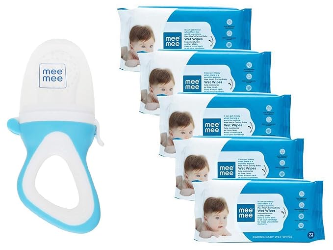 Mee Mee Fruit and Food Nibbler with Silicone Sack, Blue & Caring Baby Wet Wipes, Aloe Vera, 72 Pieces (Pack of 5) Combo