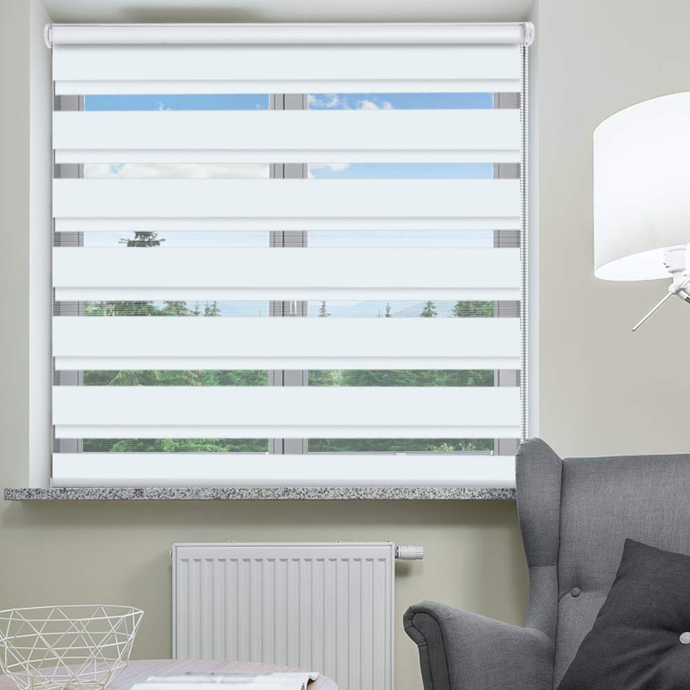 SEEYE Zebra Shade Blinds Horizontal Window Curtain Day and Night Blind Dual Layer Shades Easy to Install 27.6" x 90", White