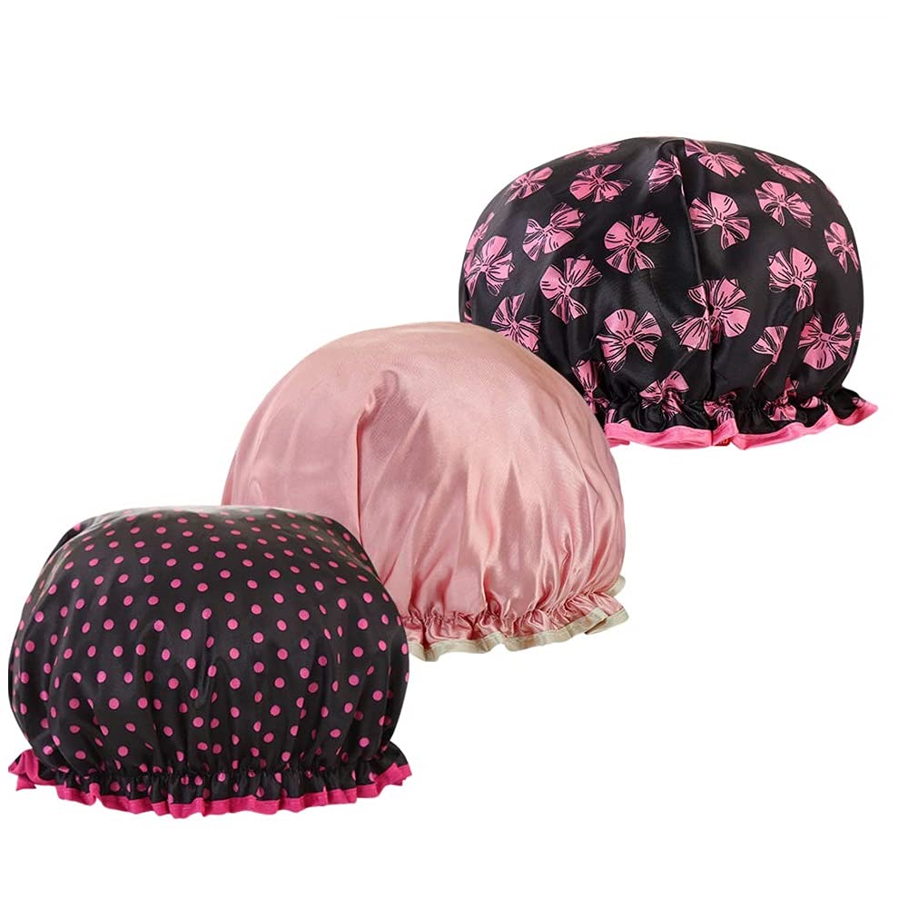 YOFASEN Shower Cap - Bath Caps Reusable Waterproof Double Layers for Women Girl Hair Protection Elastic Kitchen Shower Hat 3 Pack