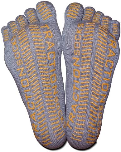 Five Toe Socks with Non-Slip Non Skid Sole, TractionToes Toesocks (Small, Grey/Orange)