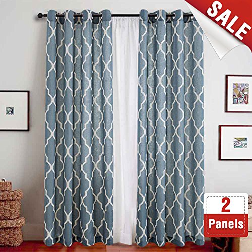 Print Curtains 84 inch Lattice Moroccan Tile Flax Linen Blend Curtain Textured Grommet Quatrefoil Window Treatment Set for Living Room Kitchen - (Blue, Set of 2 Panels)