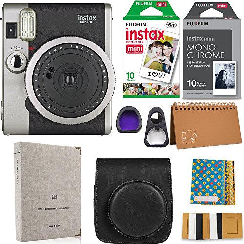 Fujifilm Instax Mini 90 Instant Camera + Fuji Instax Film (20 Sheets) + Giant Accessories Bundle(12 Piece) (Black)