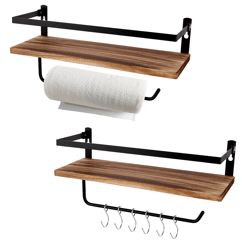 Photo 1 of PHUNAYA Floating Shelves,Wall Mounted Shelf for Kitchen,Living Room,Bedroom,Bathroom Storage,Rustic Wood,Set of 2(Carbonized Black)