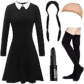 HMPRT Halloween Costumes for Women - White Collar Long Sleeve Black Dress, Black Braided Wig and Sock