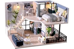 TuKIIE DIY Miniature Dollhouse Kit with Furniture, 1:24 Scale Creative Room Mini Wooden Christmas Doll House Accessories Plus Dust Proof & Music Movement for Kids Teens Adults(Satisfied Time)