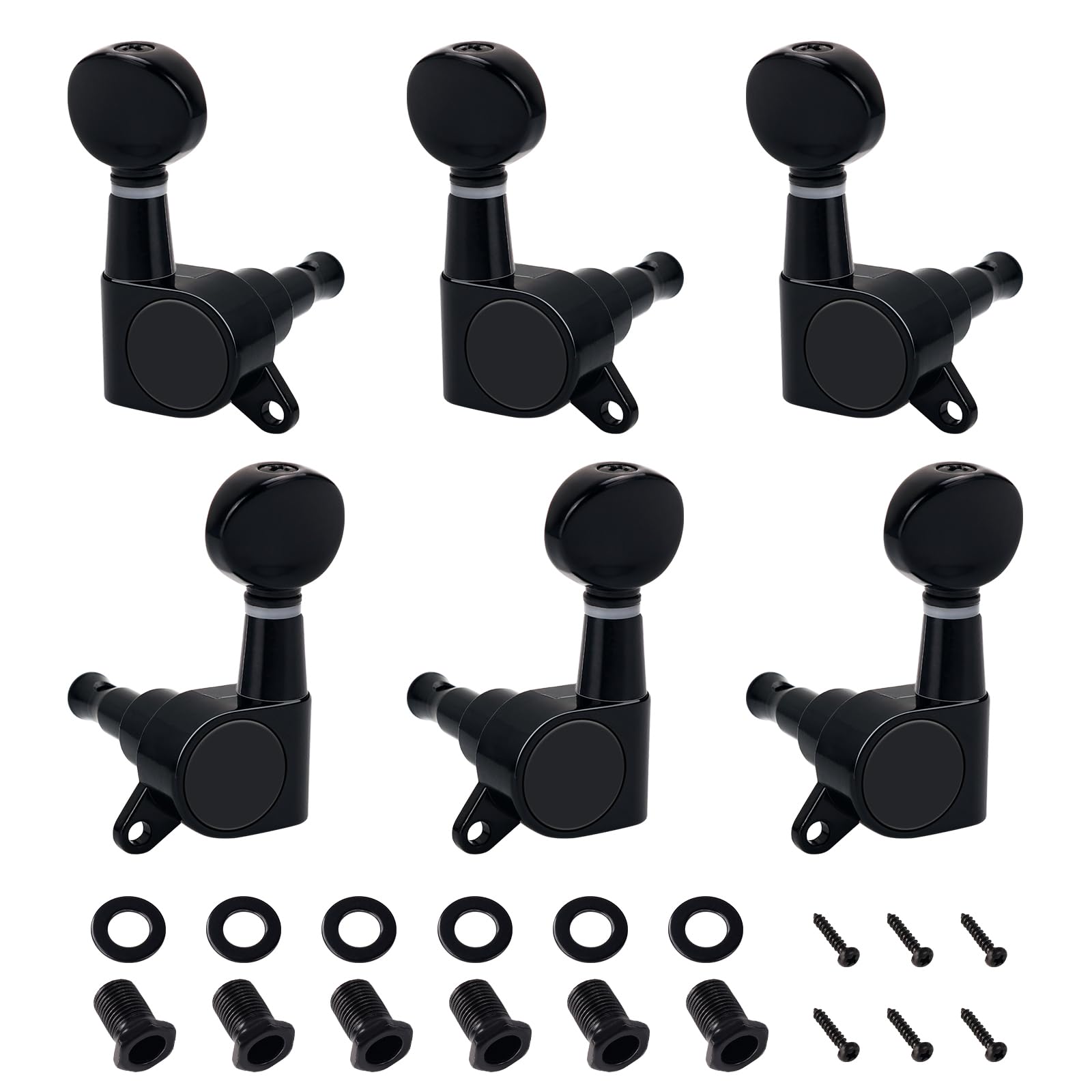 Banworks 3L3R Guitar Tuning Pegs Keys 15:1 Ratio Guitar String Tuning Keys Machines with 45 Degree Fixing Tag for Les Paul LP SG Electric Acoustic Guitar Pack of 6 JT/JXQ-04 Black with Kidney Button