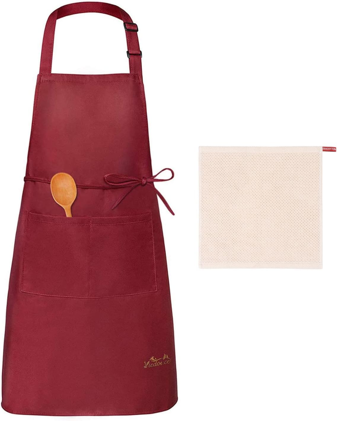 Viedouce Apron Cooking Kitchen Waterproof, Adjustable Chef Apron with Pockets for Home, Restaurant Craft Garden BBQ School Coffee House, Apron for Men Women(Red, 1 Tea Towel)