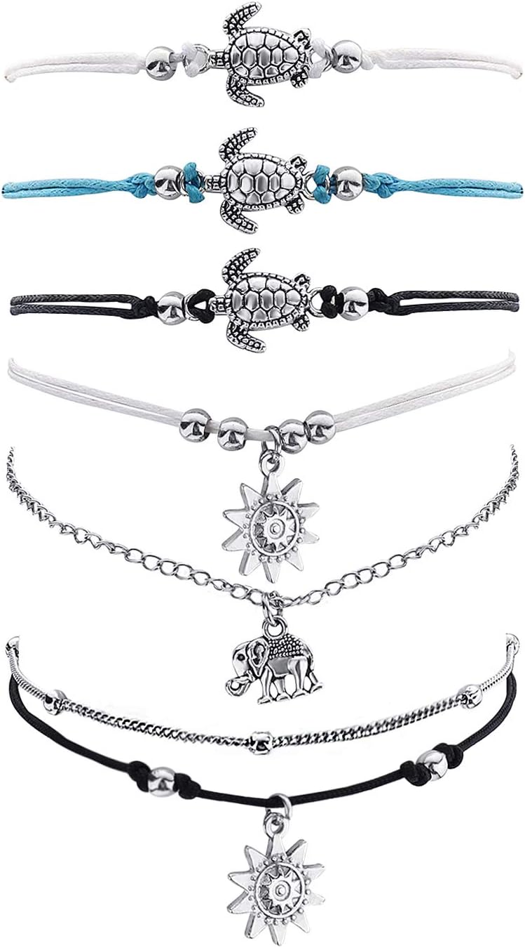 Turtle Anklet Set Beach Layered Rope Anklets Bohemian Handmade Adjustable Sterling Silver Jewelry for Women