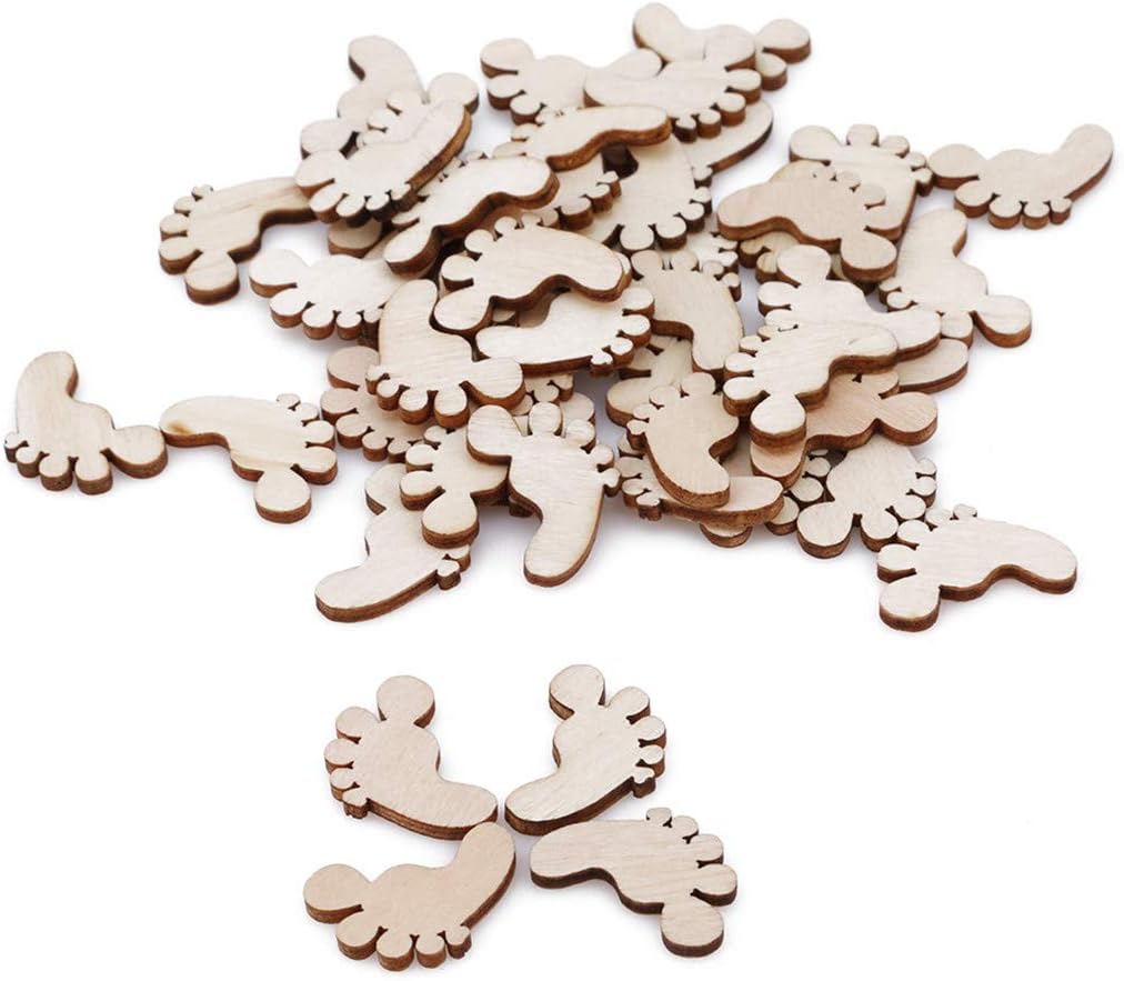 UINKE 50 Pcs Natural Colors Wooden Baby Feet Shape Wooden Cutout Tag Crafts Scrapbooks DIY