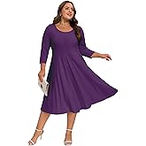 Moon Wood Women's Plus Size Midi Dress 3/4 Sleeve Crew Neck A-Line Flare Dresses with Pockets, Casual Dreses Daily Wear