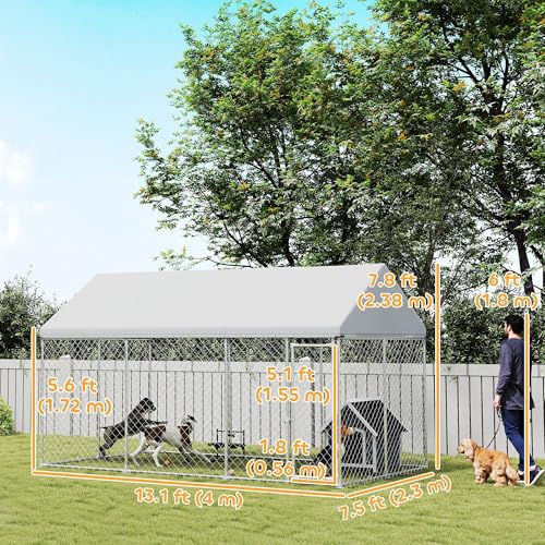 PawHut Large Dog Kennel, 13.1' x 7.5' x 7.8' Walk-in Heavy-Duty | Galvanized Steel Dog Run Chain Link, Safety Latch, Waterproof UV-Resistant Cover, Backyard Farm, Outdoor