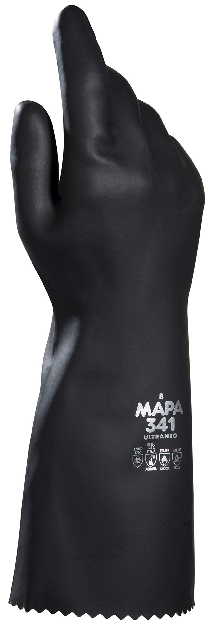 MAPA Professional ULTRANEO 341 - Natural Latex Chemical Gloves in Smooth Neoprene, Providing Good Mechanical Resistance, Black (1 Pair) Protective Gloves, 8 (medium)