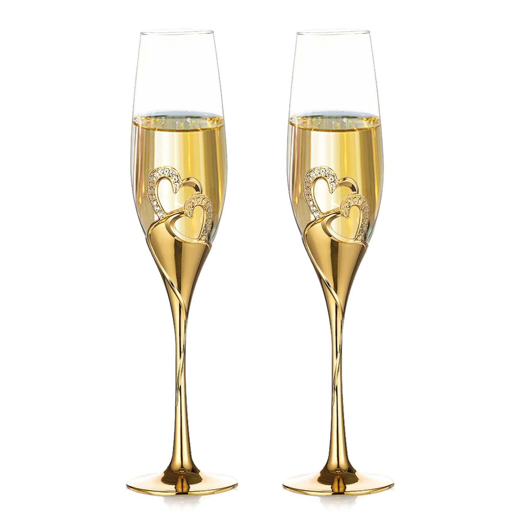 NUPTIO Gold Champagne Flutes Wedding: Set of 2 Heart Champagne Glasses Metal Crystals for Bride Groom Couples Engagement Gift