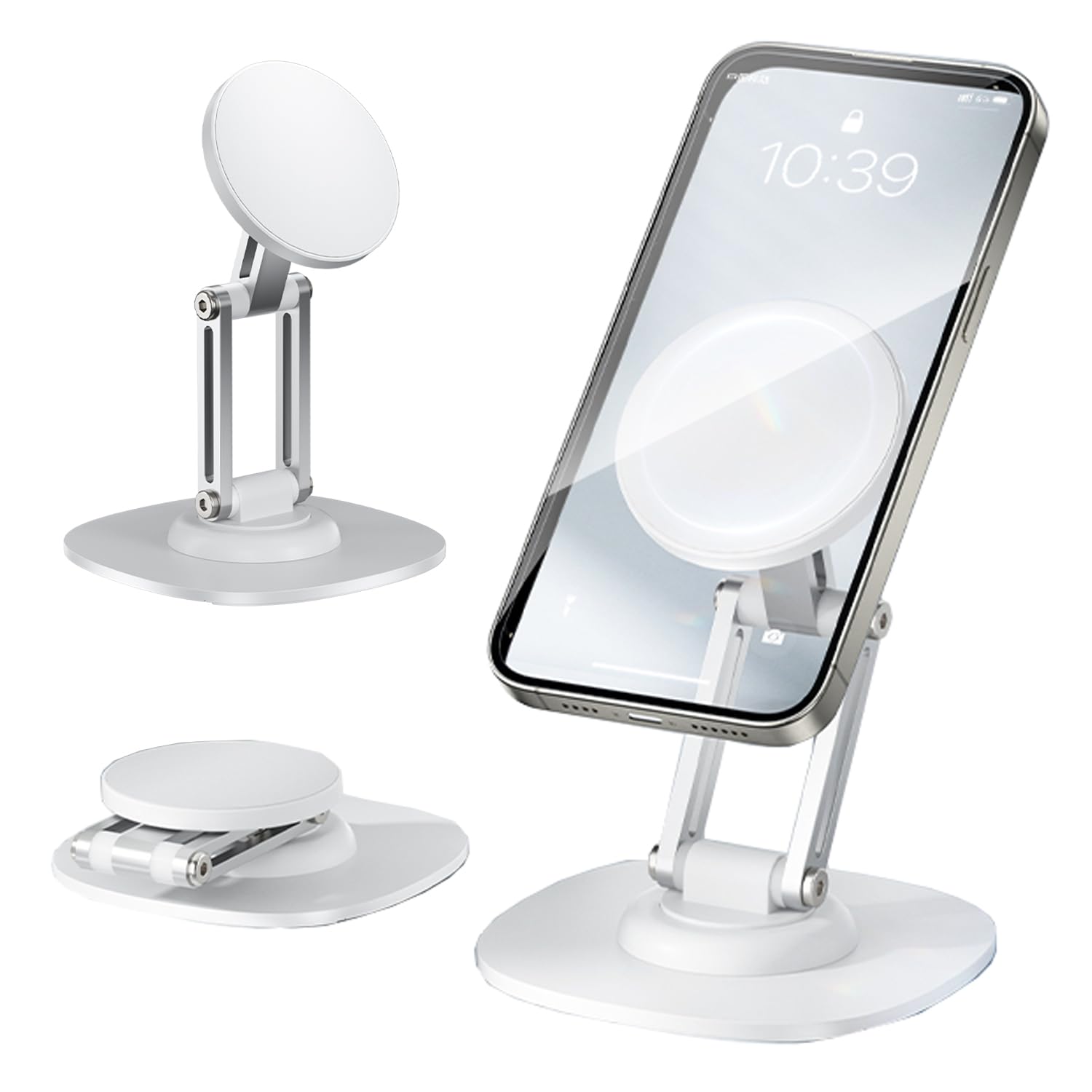 KOBBRAN Magnetic Phone Stand for Desk 360 Rotating Adjustable Foldable Aluminum for MagSafe Cell Phone Stand Holder with Non-Slip Base Desk Stand for iPhone 17 16 Pro Max/15/14/13/12 Plus Air (White)