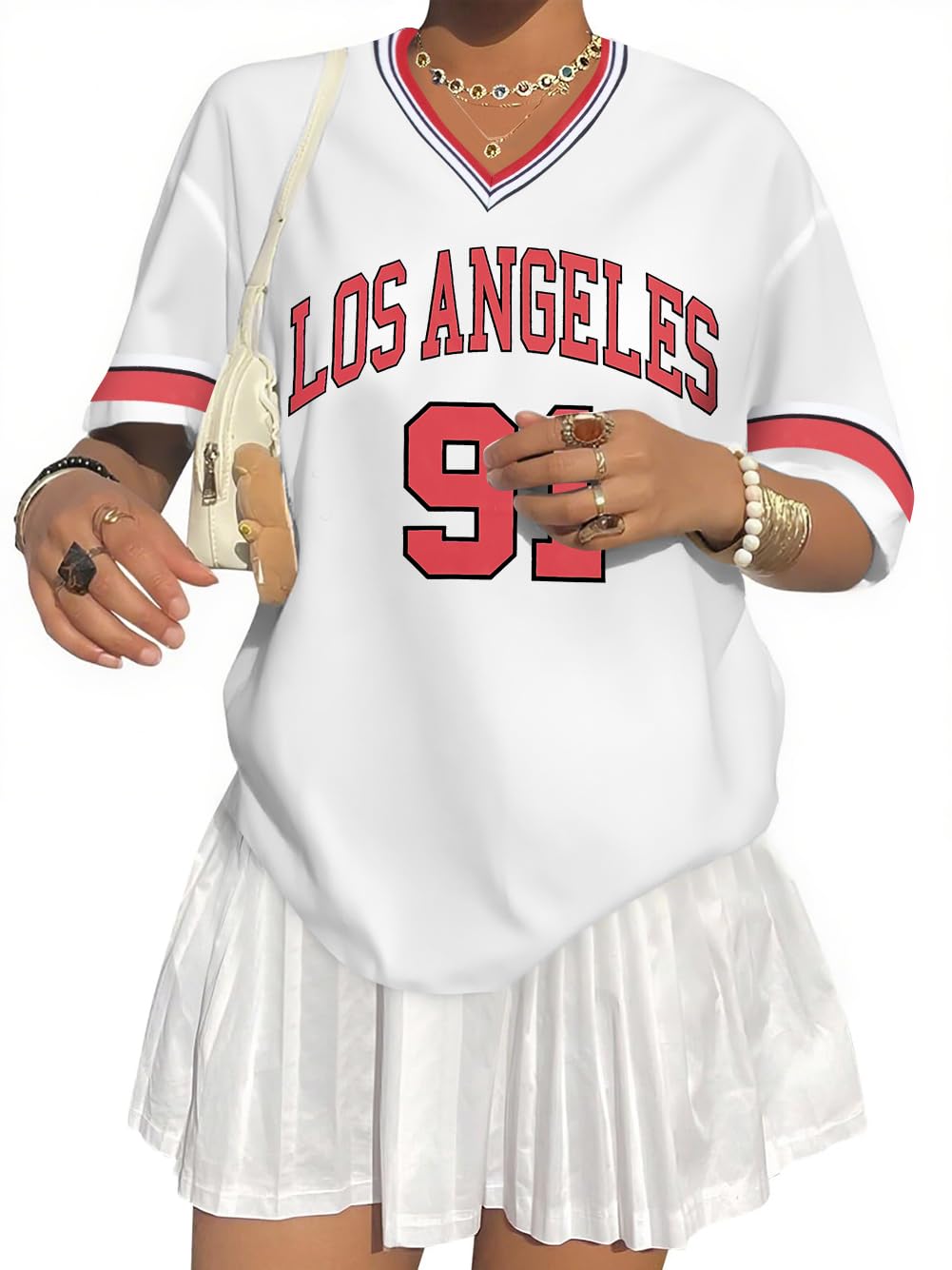 Photo 1 of Jersey Shirts for Women Y2k Los Angeles Shirt Oversized Number Print V Neck Half Sleeve Striped Tee Streetwear Tops White