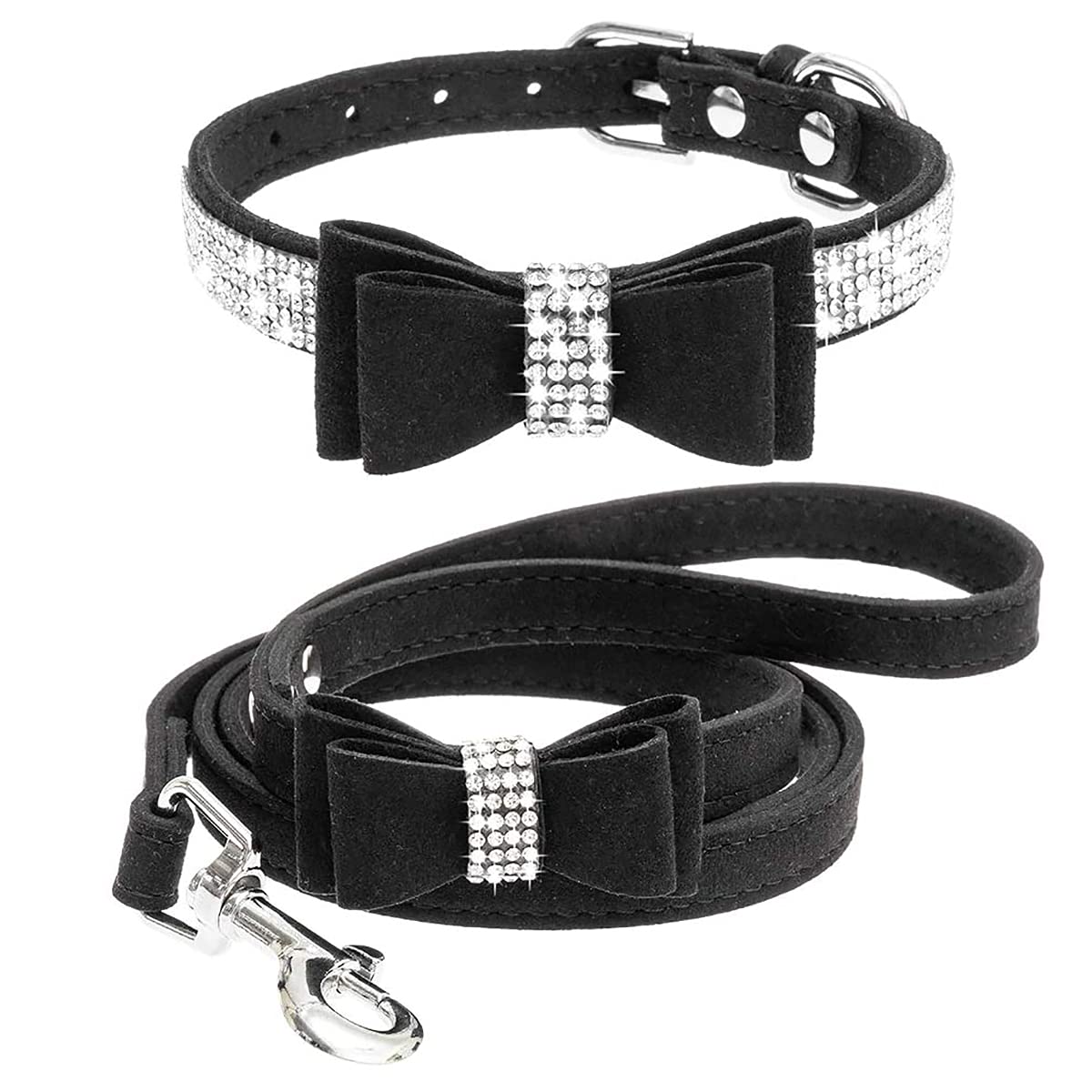 Dog Collar with Leash Set Pet Collars and leashes Adjustable Dog Cat Rhinestone Bowknot Crystal Bling Dog Collar for Small Dogs Medium Dogs Black M