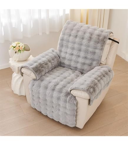 Vctops Fleece Fluffy Recliner Chair Cover – 3D Jacquard, Non-Slip, Washable, With Elastic Straps & Pockets (Light Grey, 22")