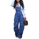 LETSVDO Women's Cargo Denim Overall Jumpsuit Wide Leg Bib Loose Baggy Stretch Casual Jean Overalls Romper Cargo Pants