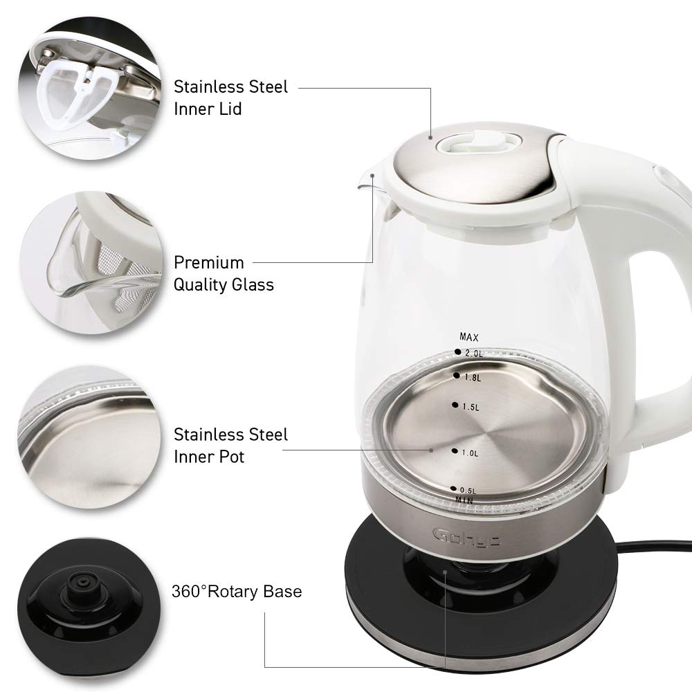 Gohyo 2-Liter Glass Electric Tea Kettle for Fast Boiling, Hot Water Heater Pot with Auto Shut off and Boil-Dry Protection, 1500W, FDA Approved, BPA-Free ( White )