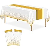 LIKAJON 2 Pack White and Gold Tablecloth Party Decorations Plastic White Tablecloth Printed Gold Table Runner 54 x108 Inch Disposable Rectangle Table Cover for Birthday Wedding Graduation Anniversary