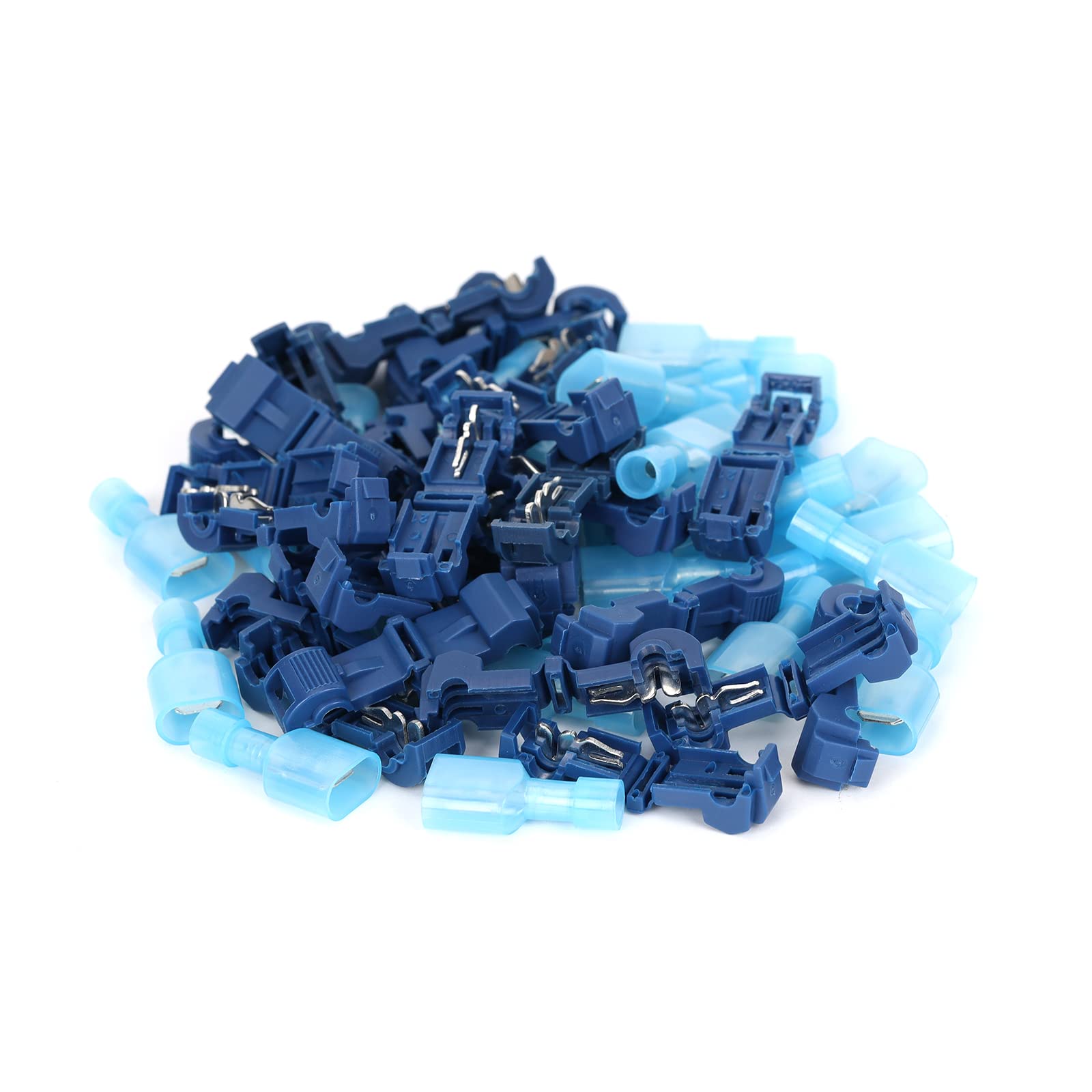 Ruimou 50Pcs Blue AWG18-14 T-Type Self-Stripping Quick Connector+Nylon Male Insulated Quick Spade Disconnect Terminal for Wire,Car (Blue)