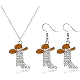 QLUYCKW Sparkly Western Boots Necklace Earrings Set for Women Dainty Handmade Rhinestone Cowboy Hat Boot Drop Dangle Earrings Concert Party Cowboy Outfits Charm Jewelry