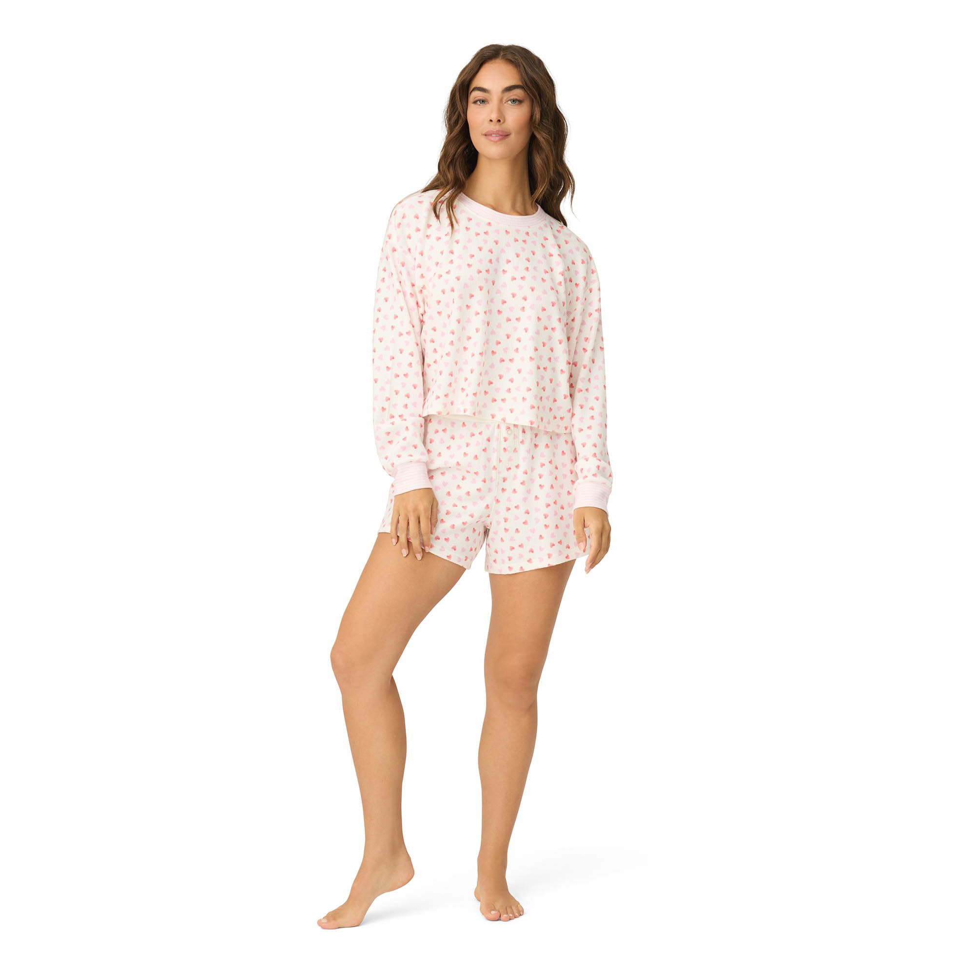 P.J. Salvage Women’s Boyfriend Long-Sleeve Top and Boxer Short Bottom 2-Piece Pajama Set, Ivory, Small