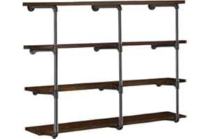 HITOMEN Industrial Iron Pipe Shelves, 3 Set 4-Tier 41.5" Tall 12" Depth, DIY Open Bookshelf Bookcase, Wall Mounted Vintage Retro Shelving, Rustic Farmhouse Pantry Kitchen Storage, Black Shelf Brackets