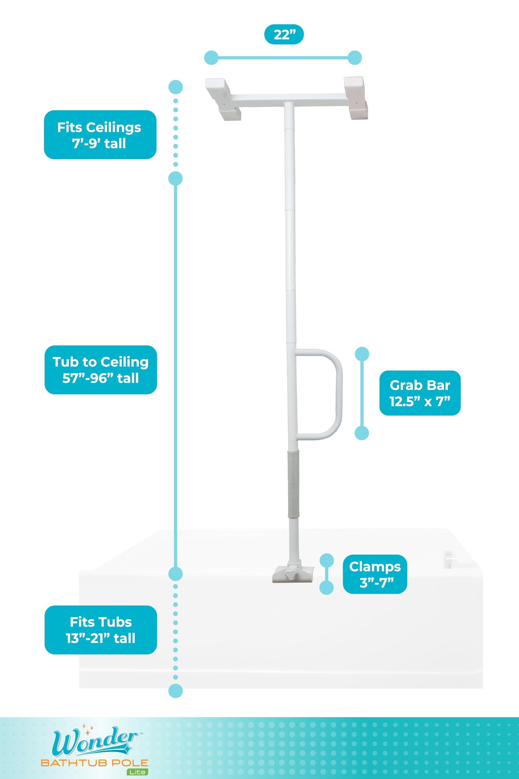 Stander Wonder Bathtub Pole Lite, Tub to Ceiling Grab Bar, Adjustable Shower Handle for Bathtubs, Clamp on Bathroom Safety Rail for Seniors, Elderly Adults, No Drill Installation, White