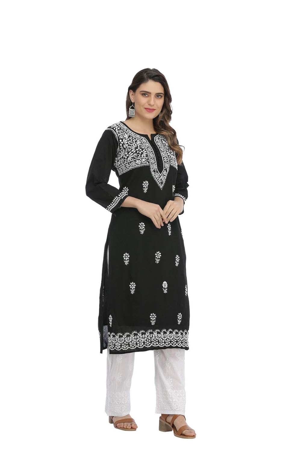 ada hand embroidered lucknow chikan womens cotton kurti kurta (a341075_black)