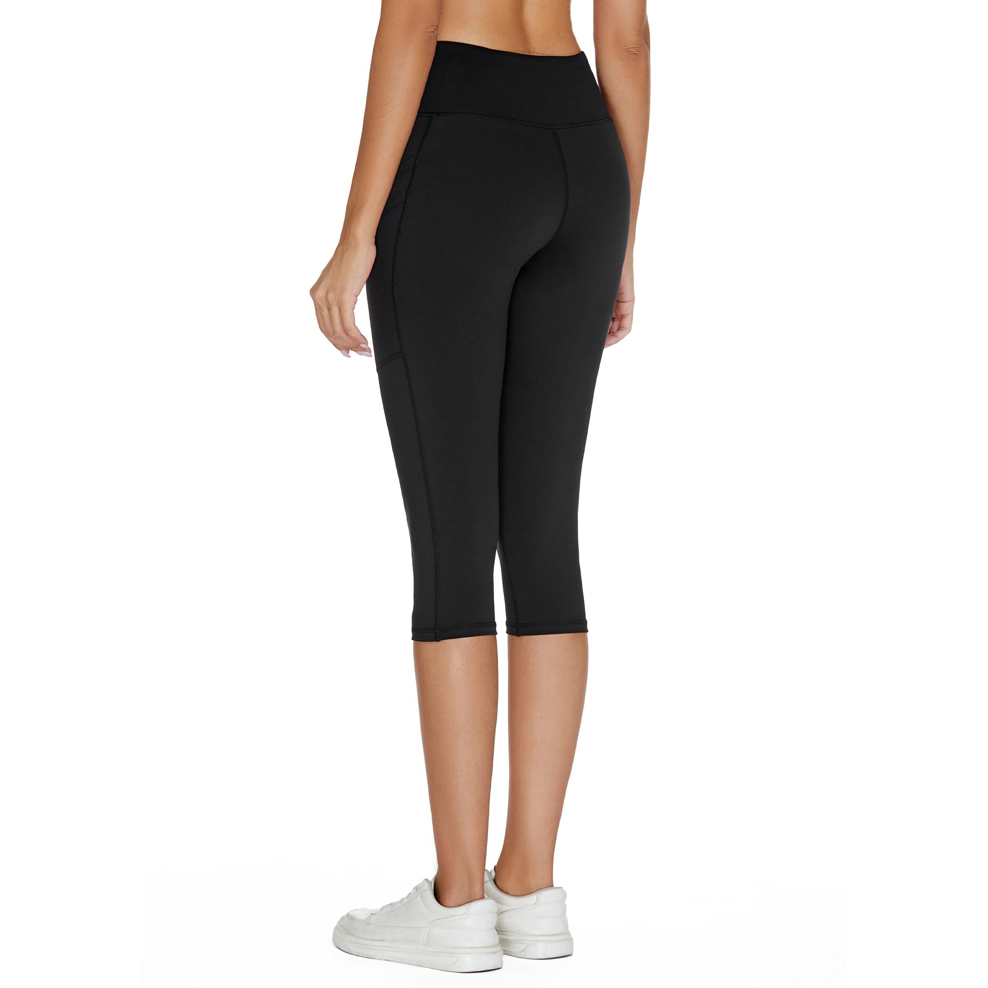 adorence Sport Leggings Damen 3/4, Capri Leggings Damen mit 5 Taschen, Blickdicht Sporthose High Waist Yogahose Laufhose Fitnesshose -Schwarz,S 2