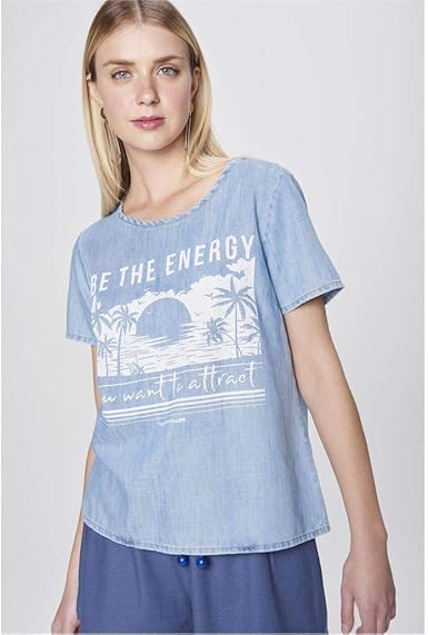 camisa jeans estampada feminina