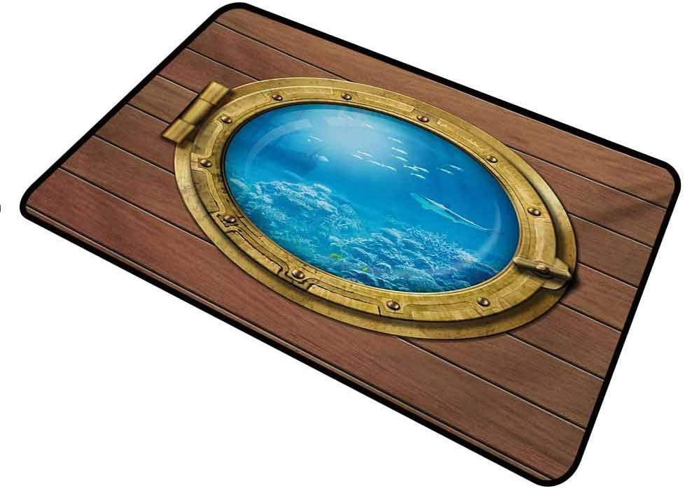 shirlyhome Custom Door Mat Shark for Entrance Way Indoor Washable Submarine Chamber Window with A View of Coral Reef Swimming Fishes Print Rectangle 20 x 31 inch Pale Caramel Blue Gold
