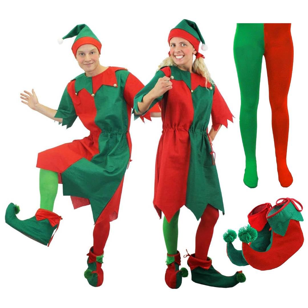 Adults Christmas Elf Tunic Costume - XXXLarge - Green and Red Elf Tunic with Hat and Pom-Pom Boot Covers - Perfect Fancy Dress Outfit for Christmas Parties and Nativity Events