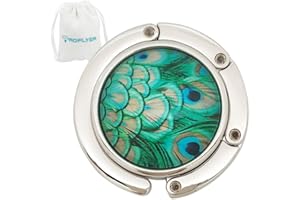 ROFLYER Cute Round Purse Hook - Foldable Handbag Hanger Safer Cleaner Bag, Fold Up Folding Table Hanger, with Velvet Pouch (Peacock Feather)