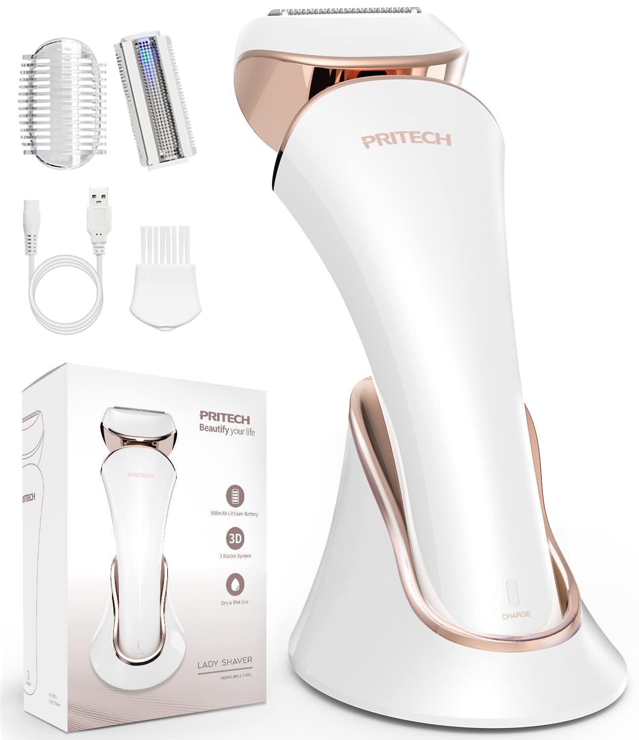 PRITECH Electric Shaver for Women - Cordless Ladies Shaver, Lady Razor for Legs, Arm, Underarms, Bikini, USB Rechargeable Wet & Dry Waterproof Razor for Woman