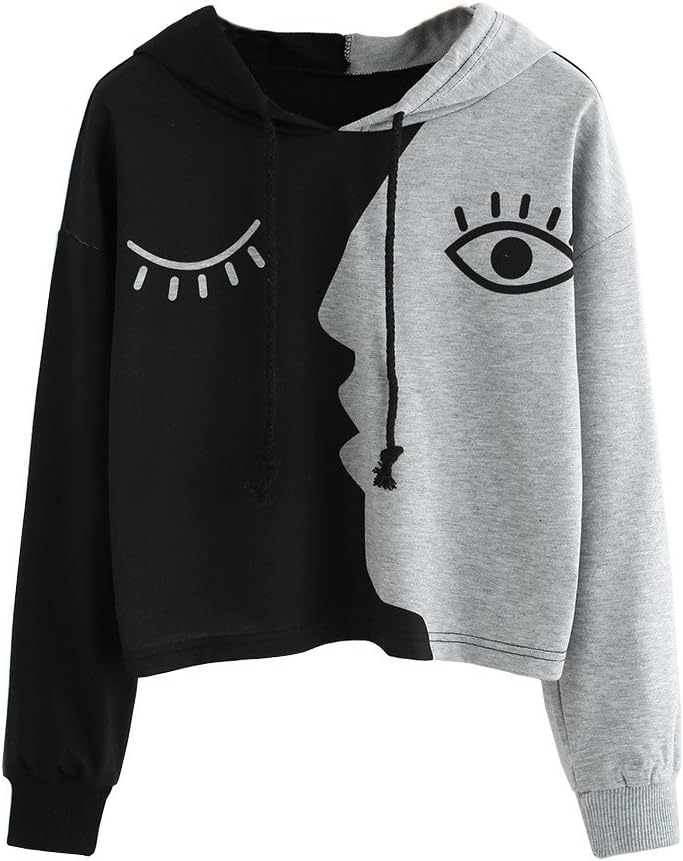 Sandsitore Women's Ladies Sweatshirt Hooded Long Sleeve Crop Patchwork Blouse Pullover Tops Coat