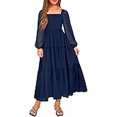 YOVION Girls Fall Long Sleeve Maxi Dress Chiffon A-Line Smocked Tiered Flowy Formal Wedding Guest Dresses for 6-12 Y