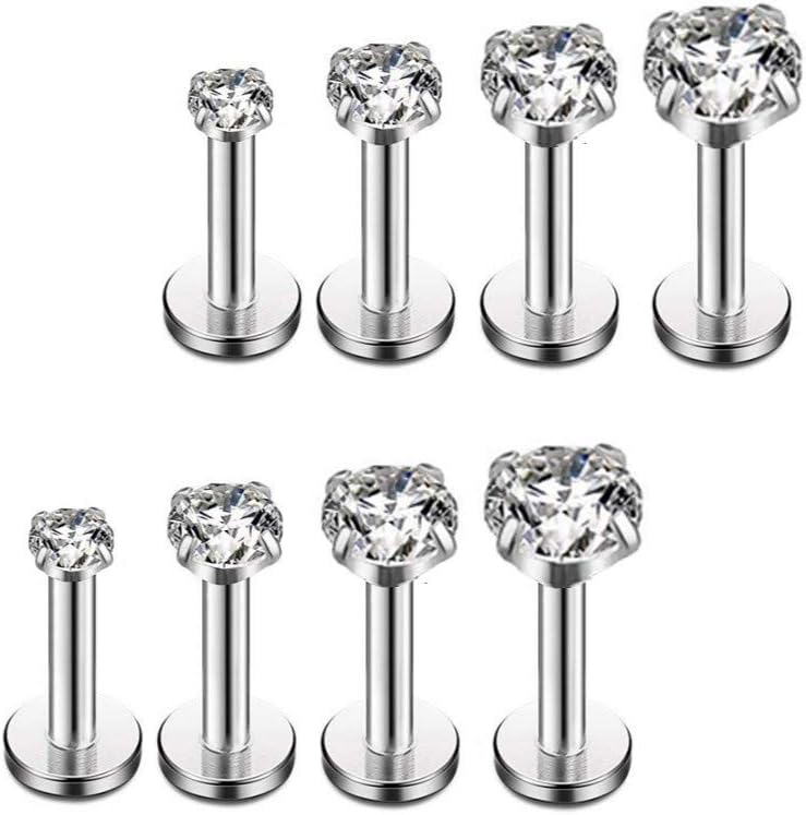 4 Pairs 16G 2mm to 5mm CZ Lip Rings,Tragus,Helix Earring,6mm,8mm Bar Length Straight Barbells Body Piercing Jewelry for Women Girls
