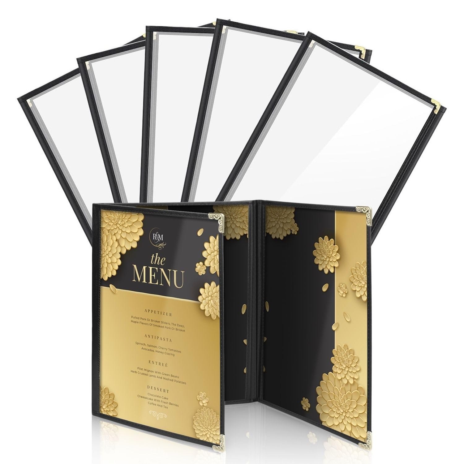 Flexzion Trifold Menu Covers 8.5 x 11 Inch (6 Pack) - Triple Stitched Menu Holder with 3 Pages 6 Views - Transparent Clear Menu Book Covers with Gold Metal Corner for Restaurant, Hotel, Cafe