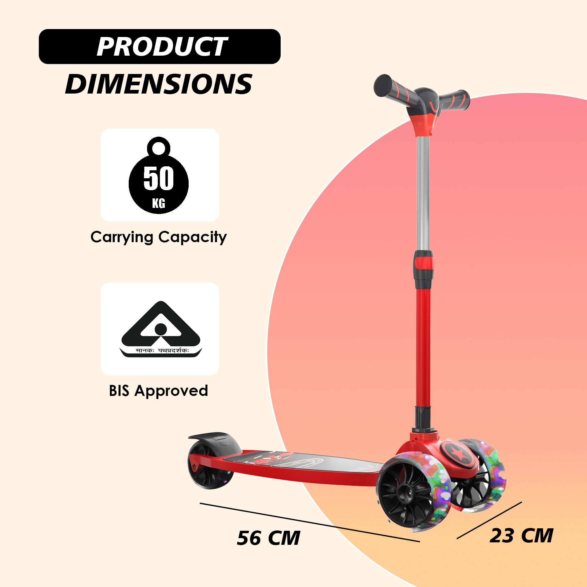 Cockatoo Rocket Racer LED Scooter for Kids 3-12 Years, Kids Scooter with 40MM Led Lights in PP+PU Wheel, 4 Adjustable Height Scooter, Up to 50 Kg Weight Capacity Red 4