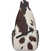 QISENTIS Cow Print Sling Bag for Women Crossbody Bag Brown White Cow Fur Texture Animal Skin Print Sling Backpack for Men Cute Farmhouse Cowhide Pattern Shoulder Bag Sports Travel Hiking Daypack