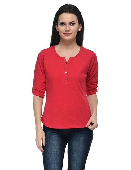 Women Cotton slub Henley 3/4sleeves Top(XS-4XL)