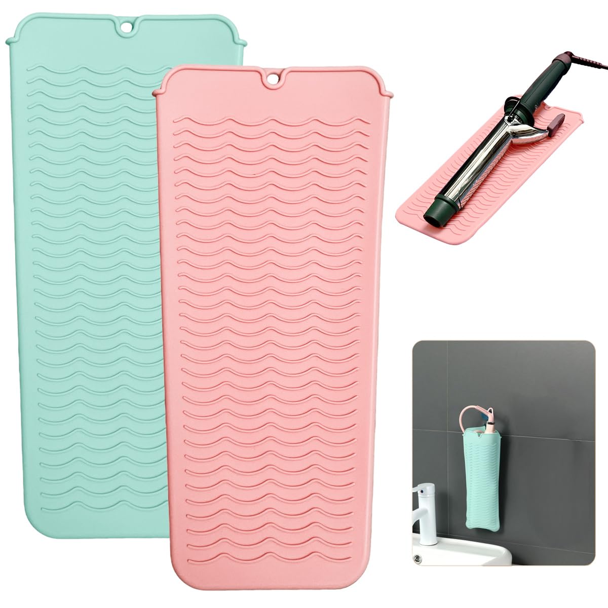 Photo 1 of 2 Heat Resistant Silicone Mat with Hanging Hole, Straightener Heat Resistant Travel Mat & Pouch for Curling Iron, Flat Iron and Other Hot Hair Styling Tools, 11 x 5 in, Pink+Green
